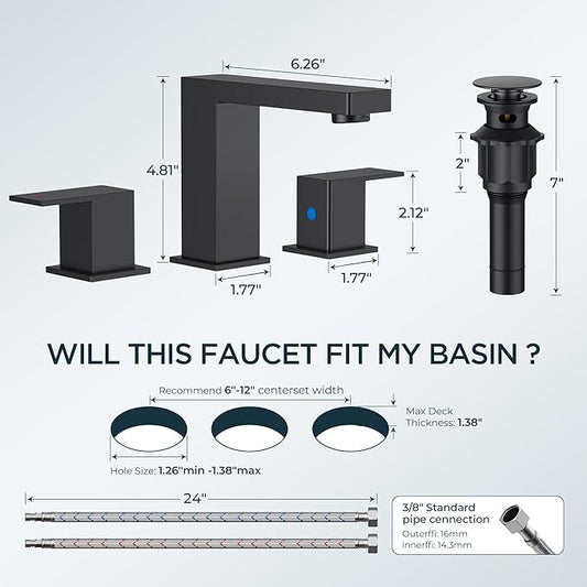 FORIOUS Matte Black Bathroom Faucet 3 Hole, 8 Inch Widespread Square Bathroom Sink Faucet with Metal Pop-Up Drain and cUPC Supply Lines Included for Restroom, Lavatory, Basin, Restroom and Mall