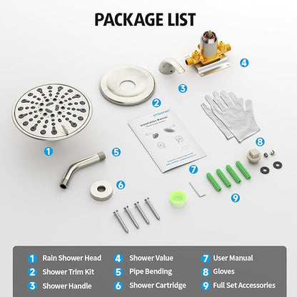 Brushed Nickel Shower Faucet Set, EMBATHER Shower Fixtures with 6 Inch Rainfall Shower Head, Single Handle Control Shower Valve and Trim Kit