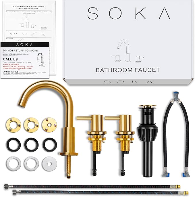 SOKA SK1B001AR Bathroom Sink faucets, 8 INCH Gooseneck - Lever, Gold + G