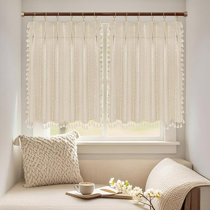 Seenus Beige Boho Farmhouse Window Curtain with Tassels, 30 x 36 Inch Light Filtering Sheer Short Cafe Window Curtain Tier, Linen Textured Pleated Small Window Drape for Kitchen or Bathroom, 1 Panel