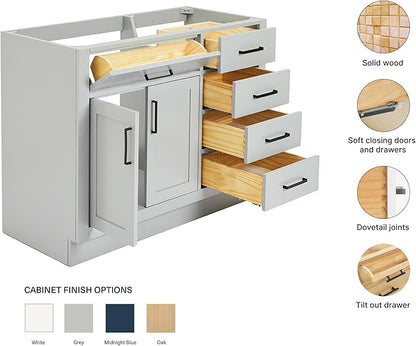 ARIEL Hepburn 42-inch Bathroom Vanity Base Cabinet,Solid Wood, 2 Soft Closing Doors, 5 Dovetail Drawers, Grey