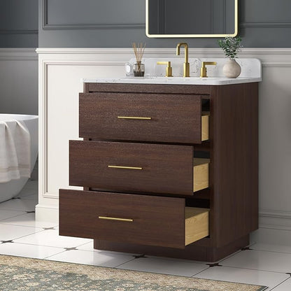 30 Inch Bathroom Vanity with Sink, Solid Wood Frame with Engineered Marble Countertop, Fully-Assembled Vanity with Soft-Close Drawers, Adjustable Feets, Warm Elm
