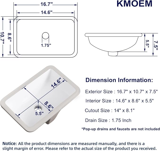 Undermount Bathroom Sink 17x11 Inch Small Bathroom Sink White Porcelain Ceramic Bathroom Under Counter Lavatory Vanity Sink Basin Rectangular Undermount Sinks with Overflow