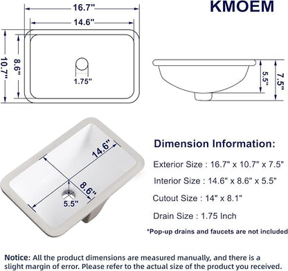 Undermount Bathroom Sink 17x11 Inch Small Bathroom Sink White Porcelain Ceramic Bathroom Under Counter Lavatory Vanity Sink Basin Rectangular Undermount Sinks with Overflow
