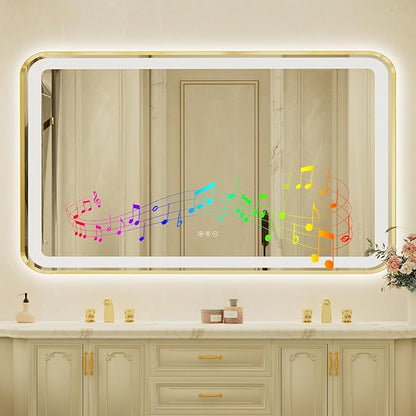 36x60 Inch Gold Framed LED Bathroom Mirror with Lights, Built-in Bluetooth Speaker, Dimmable Lighted Bathroom Vanity Mirror with 3 Colors, Backlit + Frontlit, Memory, Anti-Fog