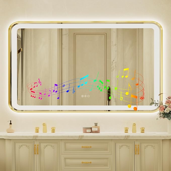 32x55 Inch Gold Framed LED Bathroom Mirror with Lights, Built-in Bluetooth Speaker,Tempered Glass,Dimmable Lighted Bathroom Vanity Mirror with 3 Colors, Backlit + Frontlit, Memory, Anti-Fog