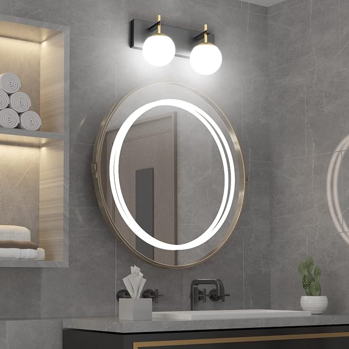 Ralbay 2-Light Black and Gold Vanity Lights Mid Century Modern Bathroom Wall Lighting Milky Glass Globe Black Gold Vanity Light for Bathroom