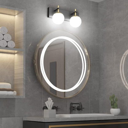 Ralbay 2-Light Black and Gold Vanity Lights Mid Century Modern Bathroom Wall Lighting Milky Glass Globe Black Gold Vanity Light for Bathroom