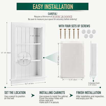 14 x 24 Medicine Cabinet Recessed, Wall Niche, Bathroom Wall Cabinet, 3-Tier, Between Studs Shelving for Drywall, White