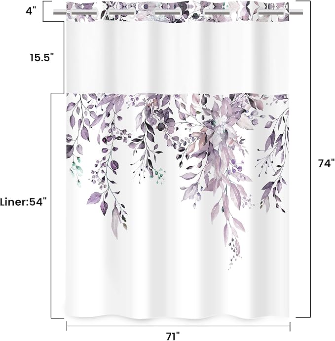 No Hook Floral Shower Curtain with Liner, Eucalyptus Plum, 71x74 | Snap in Liner, 3 in 1, Water Repellent, Easy Install, Machine Washable, Hotel Style for Bathroom, Watercolor Pattern