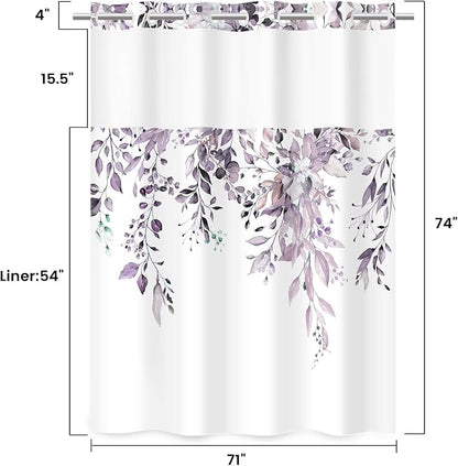 No Hook Floral Shower Curtain with Liner, Eucalyptus Plum, 71x74 | Snap in Liner, 3 in 1, Water Repellent, Easy Install, Machine Washable, Hotel Style for Bathroom, Watercolor Pattern