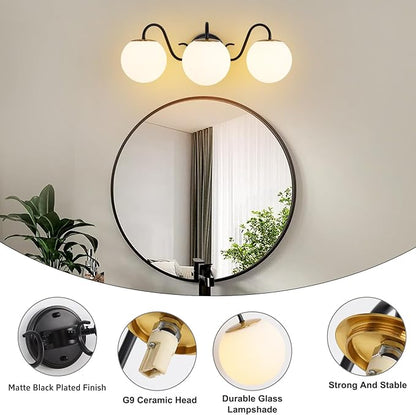 3 Lights Vintage Bathroom Vanity Light Fixtures Over Mirror, Matte Black Vanity Lights For Bathroom With Milk White Glass Globe Shade, Wall Lights For Bedroom, Hallway, Dressing Table(Includ G9 Bulbs)