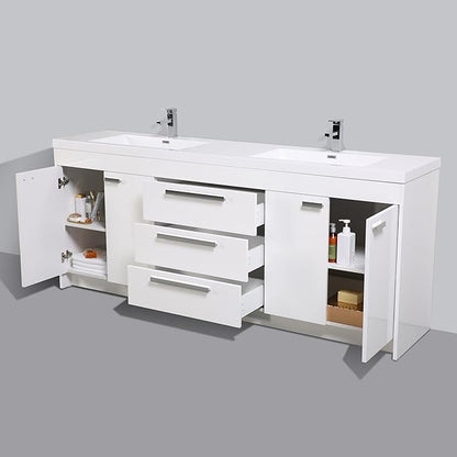 Eviva Lugano 84" White Modern Double Sink Bathroom Vanity w/White Integrated Top - Solid Wood Bathroom Sink Cabinet w/Brushed Chrome Handles - Freestanding Bathroom Vanities