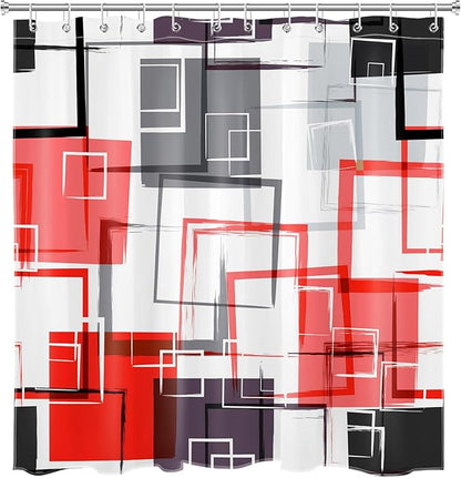 Red Geometric Modern Shower Curtain for Bathroom Decor,Grey Black and White Abstract Striped Shower Curtain with Hooks Mid Century Minimalist Bathroom Shower Curtain Set,78L X 72W inches