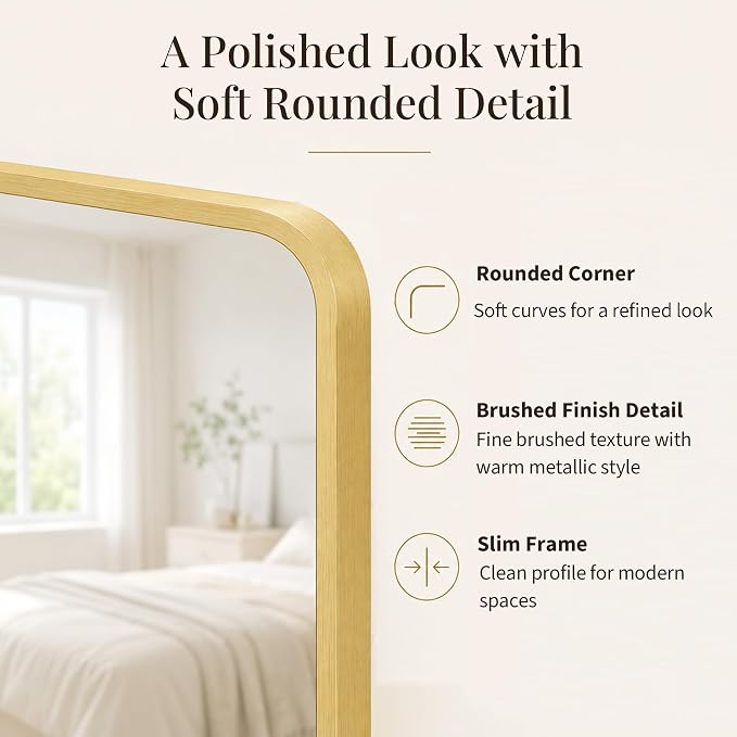 2-Pack 24x36 Inch Brushed Gold Rounded Rectangle Vanity Mirrors | Double Vanity or Two Bathrooms, Pair or Separate Use, Aluminum Frame, Slim Front Profile, Two-Way Mount