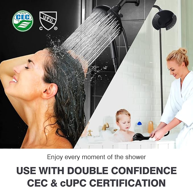 2 in 1 Shower Head with Handheld Combo High Pressure Black 2.5 GPM | 7.2" Rain Showerhead and 10 Spray Hand Held Shower, Adjustable Shower Angle, 59-inch Rotatable Stainless Steel Hose