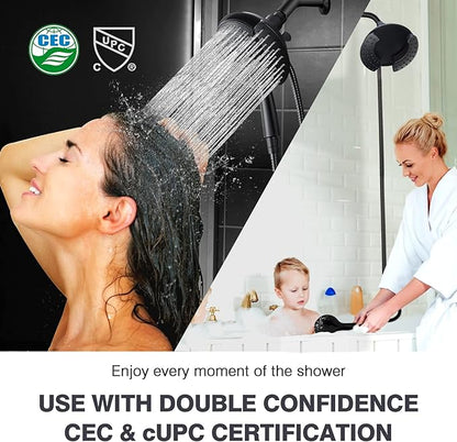 2 in 1 Shower Head with Handheld Combo High Pressure Black 2.5 GPM | 7.2" Rain Showerhead and 10 Spray Hand Held Shower, Adjustable Shower Angle, 59-inch Rotatable Stainless Steel Hose