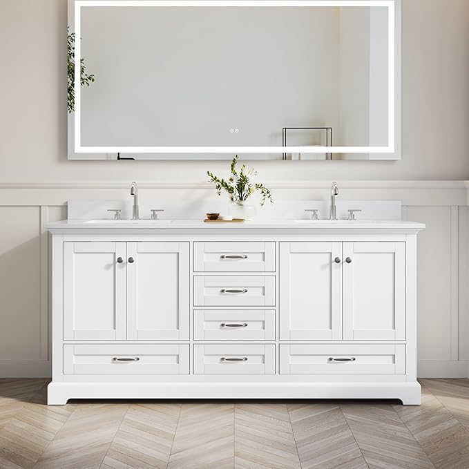 WELLFOR 72 Inch Bathroom Vanity with Double Sinks, Solid Wood Bathroom Vanity W/4 Soft-Close Doors and 6 Drawers, Cultured Marble Countertop Bathroom Vanities W/Two Sinks (White)