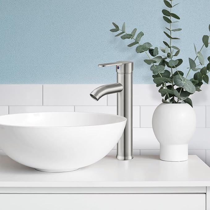gotonovo Modern Vessel Sink Faucet with ABS Pop Up Drain, Brushed Nickel | Modern Tall Bathroom Faucet 1 Hole Single Handle Round Body, cUPC Water Supply Hoses, Basin Mixer Tap for Vanity Lavatory Rv