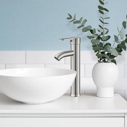 gotonovo Modern Vessel Sink Faucet with ABS Pop Up Drain, Brushed Nickel | Modern Tall Bathroom Faucet 1 Hole Single Handle Round Body, cUPC Water Supply Hoses, Basin Mixer Tap for Vanity Lavatory Rv