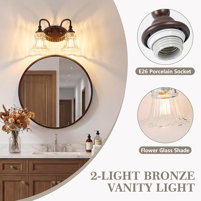 2-Light Vintage Bathroom Light Fixtures, Oil Rubbed Bronze | Vanity Lights Over Mirror with Floral Glass Shade for Bathroom Powder Room, Living Room Hallway