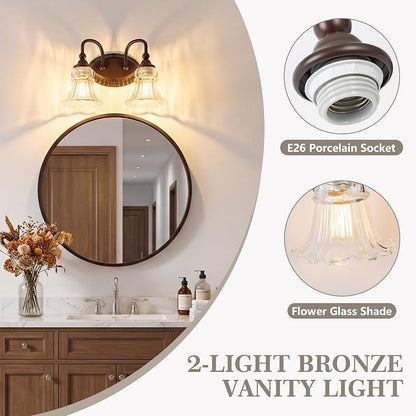 2-Light Vintage Bathroom Light Fixtures, Oil Rubbed Bronze | Vanity Lights Over Mirror with Floral Glass Shade for Bathroom Powder Room, Living Room Hallway