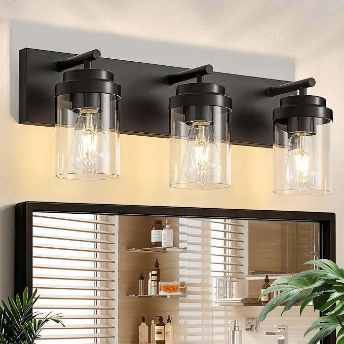 3-Light Bathroom Light Fixtures, Matte Black Vanity Lights | Modern Bathroom Lighting Fixtures Over Mirror, Vanity Lights for Bathroom, Mirror, Restroom, Bedroom, E26