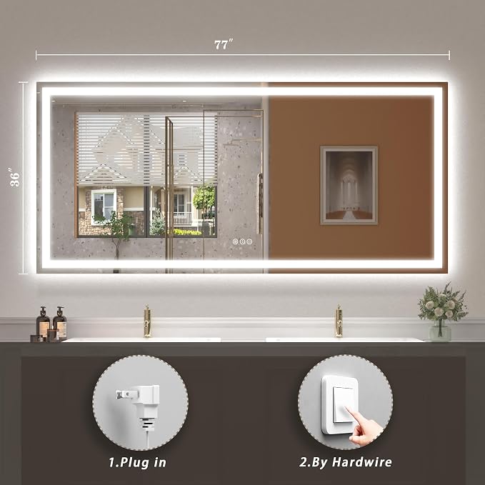 77x36 LED Lighted Bathroom Mirror for Vanity Wall | Front Light and Backlit, Anti-Fog, Memory, 3 Color, Tempered Glass, Dimmable, Rectangular, UL, Horizontal/ Vertical Mounted
