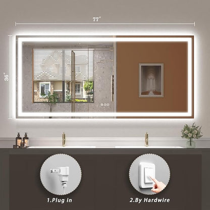 77x36 LED Lighted Bathroom Mirror for Vanity Wall | Front Light and Backlit, Anti-Fog, Memory, 3 Color, Tempered Glass, Dimmable, Rectangular, UL, Horizontal/ Vertical Mounted