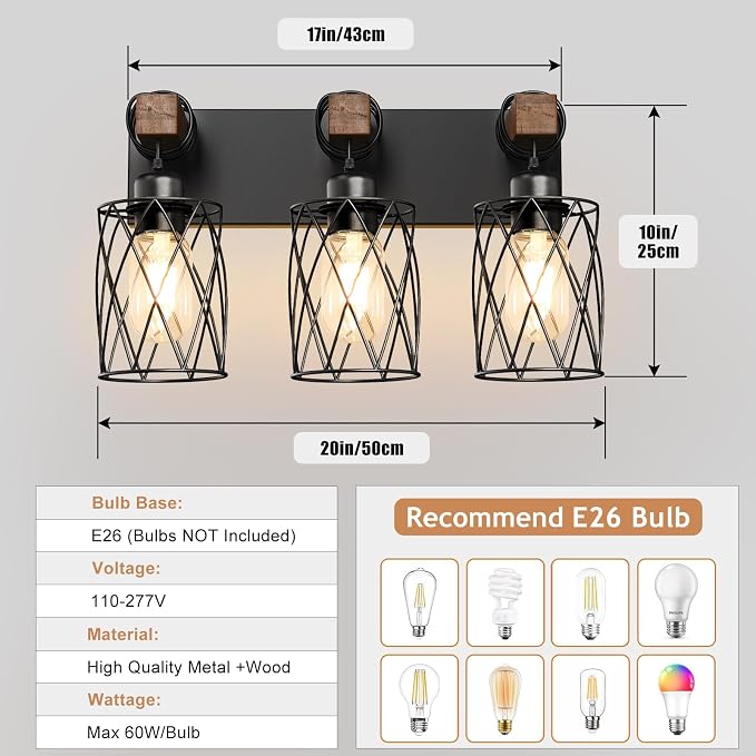 IZORRO Farmhouse Bathroom Vanity Light, 3-Light Wood Bathroom Light Fixtures Over Mirror, Black Industrial Vanity Lights with Metal Shade, Rustic Restroom Lighting Fixtures