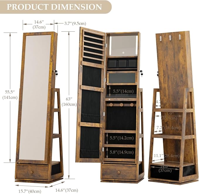 360° Swivel Full Length Mirror Jewelry Cabinet Standing With Built-In Mirror Jewelry Armoire With Mirror Drawers, Lockable Storage Christmas Gift Rustic Brown