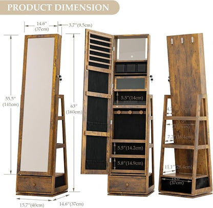 360° Swivel Full Length Mirror Jewelry Cabinet Standing With Built-In Mirror Jewelry Armoire With Mirror Drawers, Lockable Storage Christmas Gift Rustic Brown