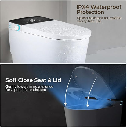 Smart Toilet, One Piece Bidet for Bathrooms, Modern Elongated Toilet with Warm Water, Dual Auto Flush, Foot Sensor Operation, Heated Bidet Seat, Electric Tankless Toilets with LED Display