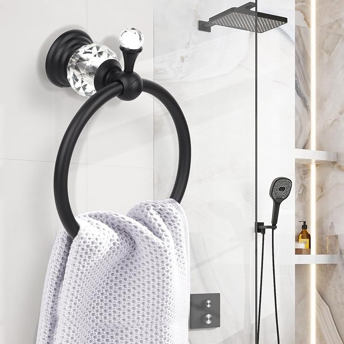 2 Pieces Sets Black Crystal Series Toilet Paper Holder Wall Mouted Towel Ring, Gold Round Hand Towel Rack Decorative for Bathrooms