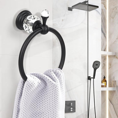 2 Pieces Sets Black Crystal Series Toilet Paper Holder Wall Mouted Towel Ring, Gold Round Hand Towel Rack Decorative for Bathrooms