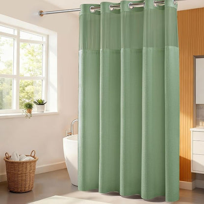River Dream Cotton Blend Fabric Shower Curtain Set with Liner, Sage, 71x86 | Waffle Weave, No Hook Needed, with Snap in Replacement Liner, Top Sheer Window, Hotel Quality for Bathroom, Extra Long