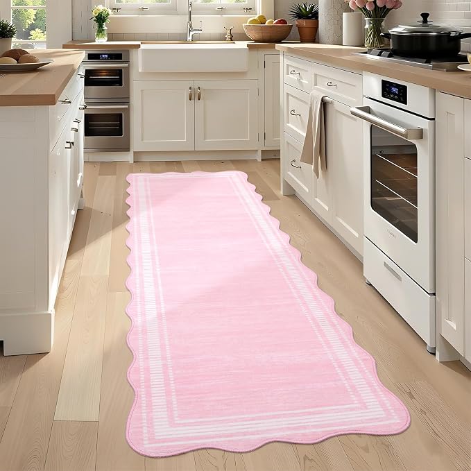 GarveeHome Washable 2x6 Runner Rug for Entryway,Scalloped Bathrooom Rugs Stain-Resistant Easy-Clean Kitchen Rugs with Non-Slip Backing Low Pile Floor Mat Perfect for High-Traffic Areas,Pink