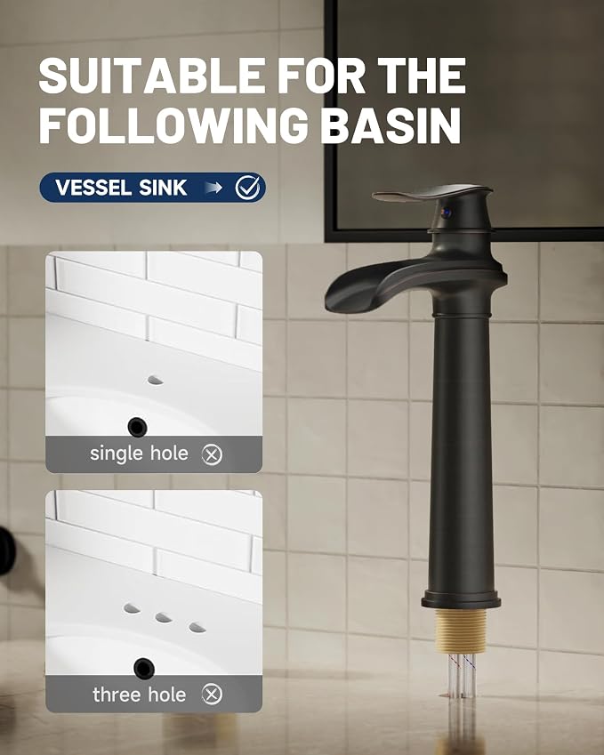 Oil Rubbed Bronze Vessel Sink Faucet Brass Waterfall Bathroom Faucet | with Pop Up Drain Assembly and Supply Hoses, Single Handle Tall Bathroom Faucets Lavatory Vanity Mixer Tap by BATHLAVISH