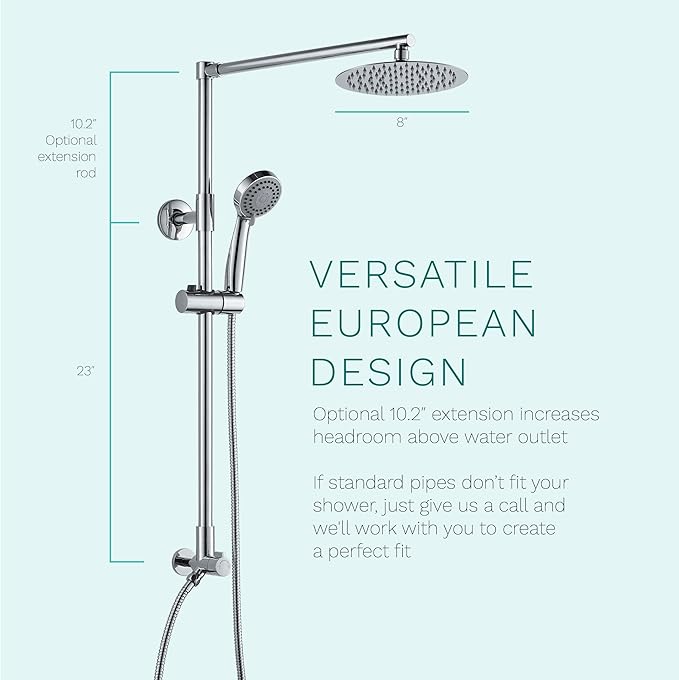 Fennocasa Polaris 3 Rain Shower System, 8” Rainfall Shower Head and Handheld Shower Combo, includes 3-Setting Handheld Spray, Height Adjustable Shower Wand Holder, 60” Hose (1.8 GPM Chrome)