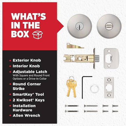 Kwikset Pismo Entry Door Knob with Lock and Key, Secure Keyed Handle Exterior, Front Entrance and Bedroom, Satin Nickel, 4 Pack, Pick Resistant SmartKey Rekey Security and Microban
