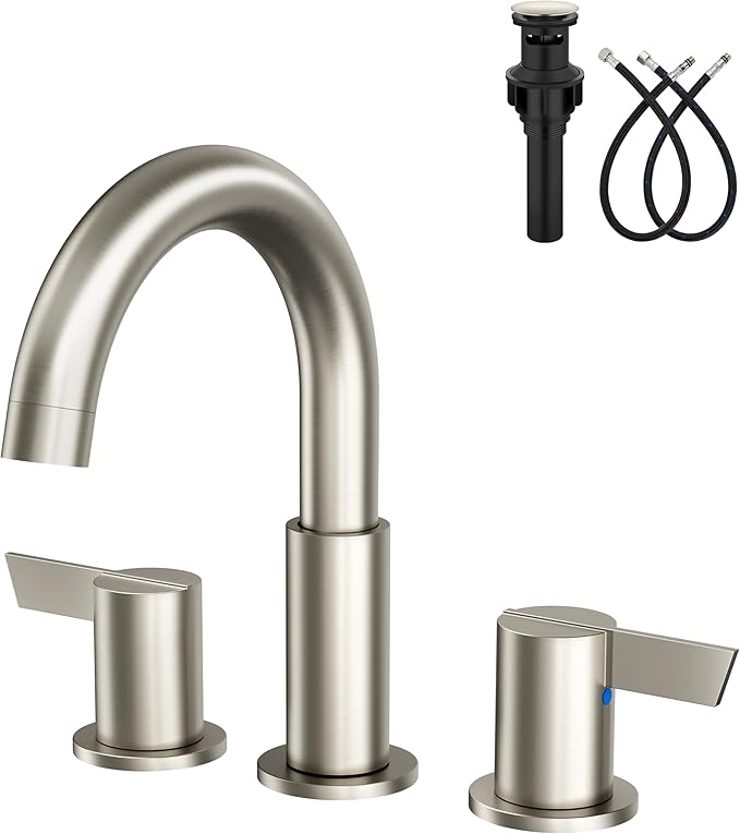 Bathroom Sink Faucet 3 Hole 8 Inch Widespread 2-Handle Vanity Faucet SUS304 Stainless Steel with Pop-Up Drain and Supply Lines Brushed Nickel