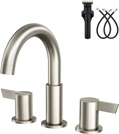 Bathroom Sink Faucet 3 Hole 8 Inch Widespread 2-Handle Vanity Faucet SUS304 Stainless Steel with Pop-Up Drain and Supply Lines Brushed Nickel