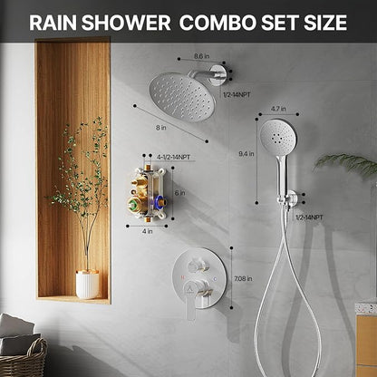 Shower Faucet Set 8IN Brass Rough-In Valve Body Trim Kit Rainfall Included Handle Accessories Complete 2 Functions with Rain Head and Handheld Bathroom Systems (8‘’, Chrome Polished)