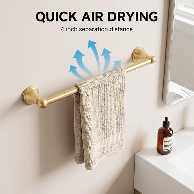 Sagetta Bathroom Hardware Set, 5-Piece Bath Accessories Set Wall Mount Includes 20 in Towel Bar, 16 in Towel Bar, Towel Ring, TP Holder, Towel Hook Brushed Gold