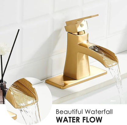 Brushed Gold Bathroom Sink Faucet, Sanliv Single Hole Waterfall Bathroom Faucet for 1 or 3-Hole Sinks (4 Inch Centerset) One Handle Vanity Faucets with Pop Up Drain, Champagne Bronze