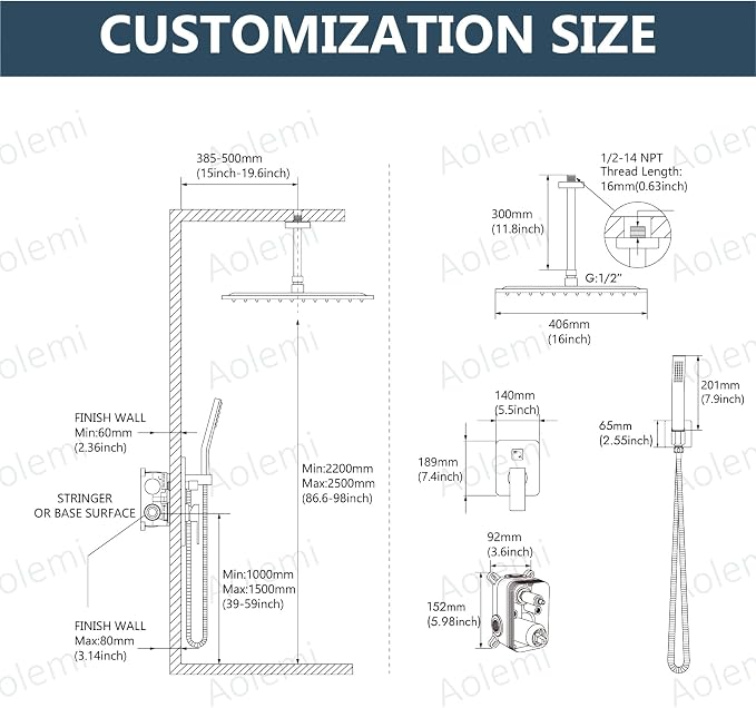 Aolemi Ceiling Shower Faucet with Handheld 16 Inch Head Matte Black | Shower Valve and Trim Kit,SUS304 Rain Head and Handle Set System,All Metal,Bathroom, Handheld Spray