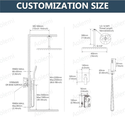 Aolemi Ceiling Shower Faucet with Handheld 16 Inch Head Matte Black | Shower Valve and Trim Kit,SUS304 Rain Head and Handle Set System,All Metal,Bathroom, Handheld Spray
