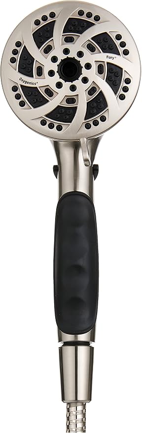 ETL Oxygenics 92489 Fury RV Handheld Shower - Brushed Nickel, 72 inch Hose length | 5 spray settings, flow control lever adjusts pressure, rubber finger grips prevent slipping