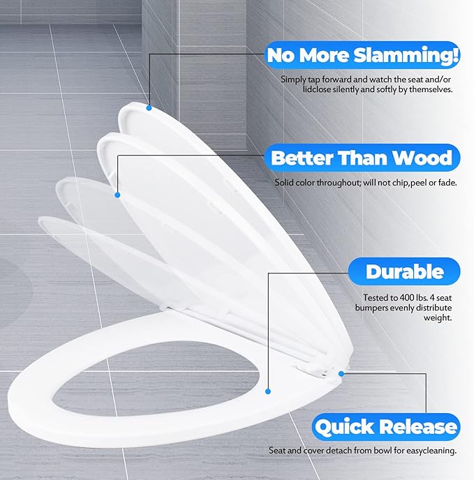 MUU Toilet seat, Slow Close, White heavy duty Toilet Seat with Non-slip Seat Bumpers Easy to Install & Clean PP Material Replacement Toilet Seat Fits All Toilet Brands Elongated Toilets(MU220-PP)