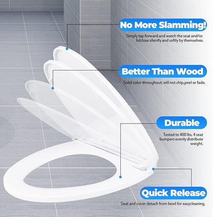 MUU Toilet seat, Slow Close, White heavy duty Toilet Seat with Non-slip Seat Bumpers Easy to Install & Clean PP Material Replacement Toilet Seat Fits All Toilet Brands Elongated Toilets(MU220-PP)
